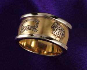 Hand engraved mens band, gold inlay, Commando