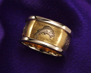 Hand engraved mens band, gold inlay, Fishing
